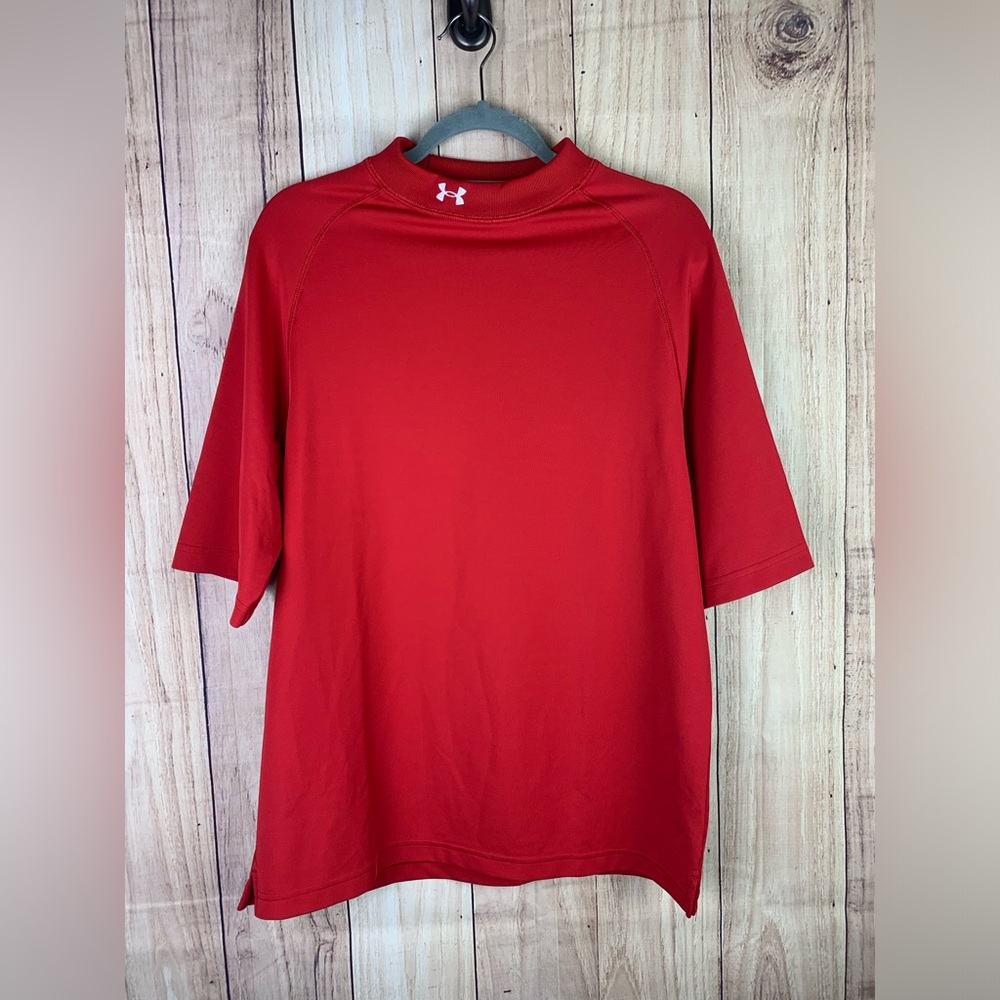 Under Armour Mens Red Fitted Mock Neck Short Sleeve T Shirt Athletic Top‎